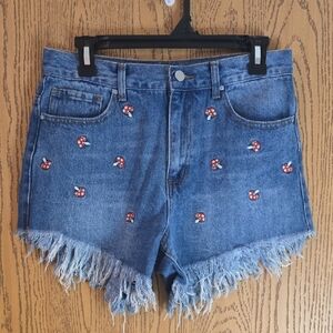 Embroidered Mushroom Denim Shorts